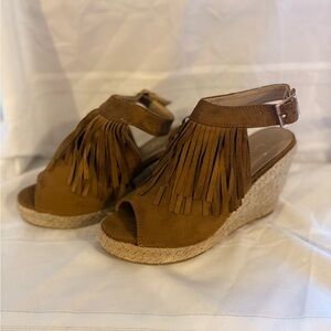Toms Brown Fringe Wedge Sandals